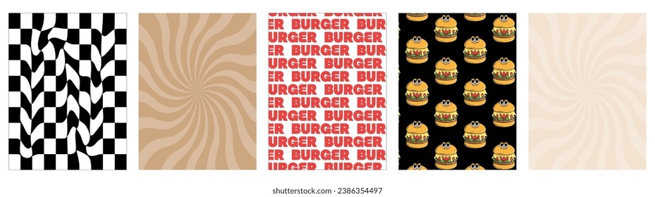Set of retro posters with funky cartoon Characters Burger in groovy style. Retro card for delivery service. Vintage hippie background for burger bar, restaurant, cafe, social media, posts. Vector