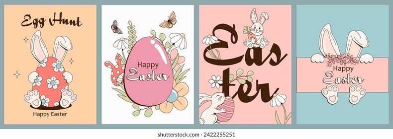 Set of retro posters or greeting cards for Happy Easter with cute bunny, Easter egg, flowers and text. Trendy hand drawn vector illustrations in groovy style for banner, print, cover, social media.