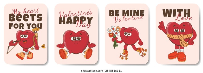 A set of retro posters with hearts.Love concept. Happy Valentines Day. Trendy retro 60s 70s cartoon style. 