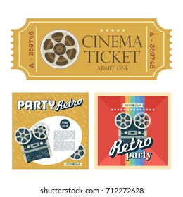 Set of retro posters with the image reel to reel tape with space for text. Design vintage cinema tickets. Vector illustration.