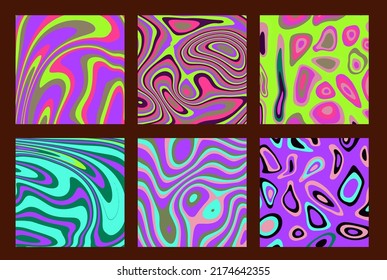 Set of retro posters with melting and distorting shapes. The 60s and 70s groovy style.