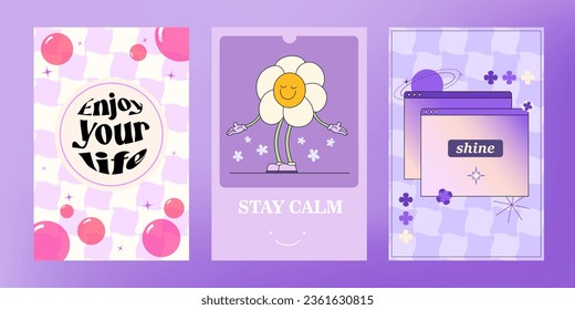 Set of retro posters with slogans. Y2k elements, cartoon character, computer window. 