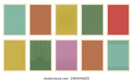 Set of retro posters in style of 60s, 80s, 70s. Abstract Trendy hipster brochures with rays of sun, circles, lines. Nostalgia for vintage time. Vector illustration for advertising, banners, invitation