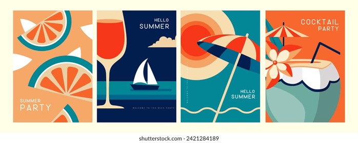 Set of retro posters with summer attributes. Wine glass silhouette, pina colada, fruil slices, beach umbrella and ship. Vector illustration