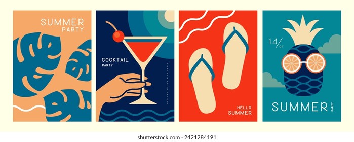 Set of retro posters with summer attributes. Cocktail cosmopolitan, tropic leaf, flip flops and pineapple with glasses. Vector illustration
