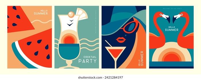 Conjunto de afiches retro con atributos de verano. Silueta de cóctel, rodajas de sandía, flamingo, gorra de chica y cosmopolita. Ilustración del vector