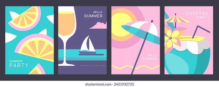 Set of retro posters with summer attributes. Wine glass silhouette, pina colada, fruil slices, beach umbrella and ship. Vector illustration