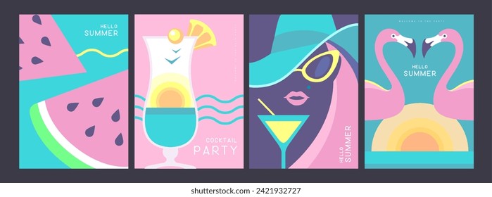 Set of retro posters with summer attributes. Cocktail silhouette, watermelon slices, flamingo, girl in hat and cosmopolitan. Vector illustration