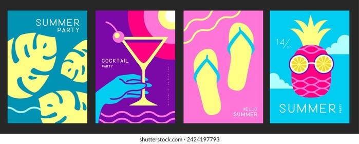 Set of retro posters with summer attributes. Cocktail cosmopolitan, tropic leaf, flip flops and pineapple with glasses. Vector illustration