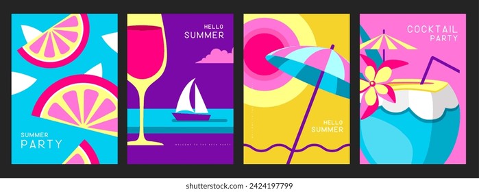 Conjunto de afiches retro con atributos de verano. Silueta de cristal de vino, pina colada, rodajas de frutas, paraguas de playa y barco. Ilustración del vector