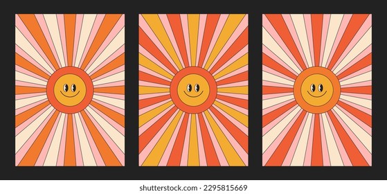 Set of retro posters with the sun. Can be used as vintage stylish flyers, wallpapers, postcards, posters. Stylish vector illustration using trendy color palette.