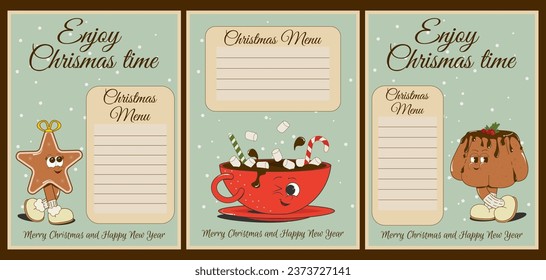 A set of retro posters trendy cartoon style Christmas menu.Cute, funny characters: ginger cookies, cocoa with sweets, Christmas cupcake for decorating cafes, restaurants. Vector illustration.