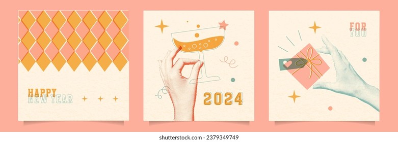 Set von Retro-Plakaten in einem trendigen Risograph-Druckstil. Happy New Year kreative Grußkarten mit halben Händen, die ein Glas Champagner und Geschenkbox. Vektorvintage-Druckgrafik