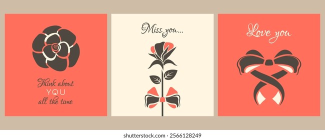 Set of retro posters with Valentine elements for 14 February holiday. Valentine concept. Beautiful flower, rosebud, bow in shape of heart, love text. Gift cards. Vector flat illustration