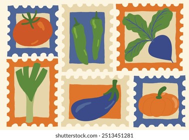 conjunto de post-stamp retro com legumes coloridos desenhados à mão