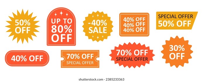 Set of retro price labels, tags, stickers, stamps for shopping. Abstract geometric shapes with discount text. Isolated vector illustration
