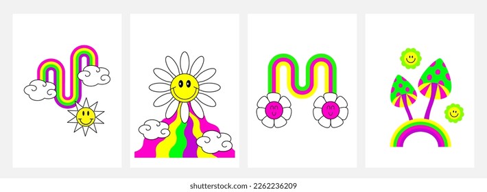Set of retro psychedelic acid prints. T-shirt, fabrics, poster, cards, stickers design. Rainbows, suns, clouds, retro waves, smiling flowers, mushrooms. Rave. Positivity
