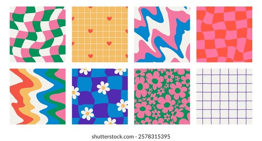 Set of retro psychedelic checkerboard backgrounds, patterns in groovy y2k style. Distorted grid effect, wavy geometric shapes, floral hippie texture.