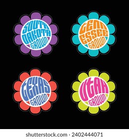 Set of retro psychedelic daisies with state names south dakota, tennessee, texas, utah, for travel stickers, t-shirt designs, labels, design elements.

