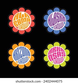 Set of retro psychedelic daisies with state names alabama, alaska, arizona, arkansas, for travel stickers, t-shirt designs, labels, design elements.

