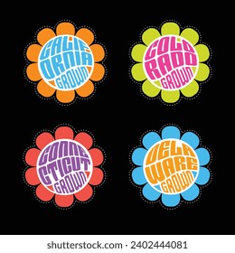 Set of retro psychedelic daisies with state names california, colorado, connecticut, delaware, for travel stickers, t-shirt designs, labels, design elements.