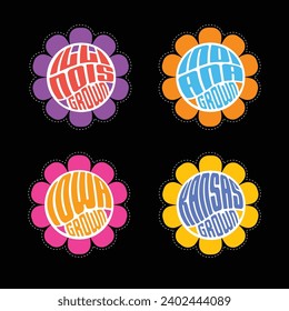 Set of retro psychedelic daisies with state names Illinois, Indiana, Iowa, Kansas for travel stickers, t-shirt designs, labels, design elements.