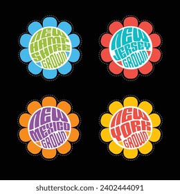 Set of retro psychedelic daisies with state names New Hampshire, New Jersey, New Mexico, New York, for travel stickers, t-shirt designs, labels, design elements.