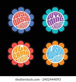 Set of retro psychedelic daisies with state names Wisconsin, Wyoming, for travel stickers, t-shirt designs, labels, design elements.