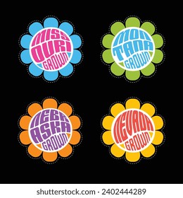 Set of retro psychedelic daisies with state names Missouri, Montana, Nebraska, Nevada for travel stickers, t-shirt designs, labels, design elements.

