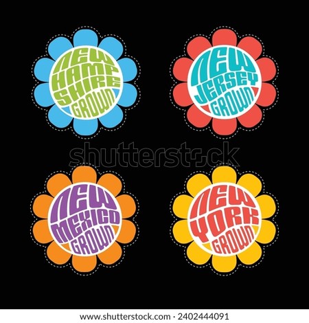 Set of retro psychedelic daisies with state names New Hampshire, New Jersey, New Mexico, New York, for travel stickers, t-shirt designs, labels, design elements.