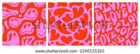 Set of retro psychedelic love seamless pattern for valentine's day holiday. Vintage trippy romantic background art collection. Wedding gift wallpaper print bundle with heart shape and text quote. 商業照片 © 