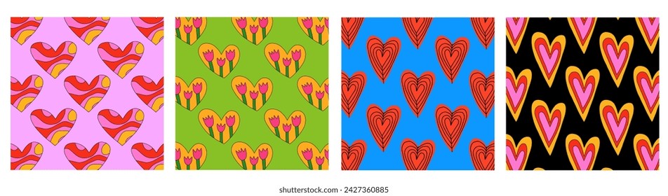 Conjunto de patrones psicodélicos retro-corazones y tarjetas de San Valentín para el 14 de febrero.Funky y groovy formas de corazón ornaments.Hippie fondos de arco iris solo buenas vibras.día de San Valentín 1970-1980