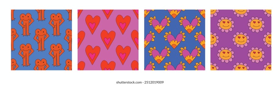 set of retro psychedelic patterns-hearts and valentines and floral for February 14th.Funky and groovy heart shapes ornaments.Hippie rainbow backgrounds only good vibes.valentine's day 1970-1980	