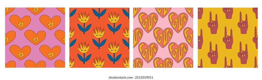 set of retro psychedelic patterns-hearts and valentines and floral for February 14th.Funky and groovy heart shapes ornaments.Hippie rainbow backgrounds only good vibes.valentine's day 1970-1980	