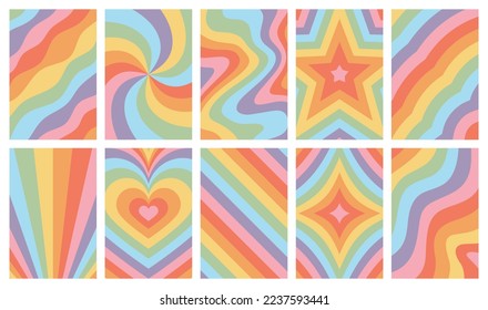 Set of retro psychedelic rainbow background illustration. Vintage 70s style abstract hippie art banner collection with trendy colorful design. Groovy seventies print bundle.