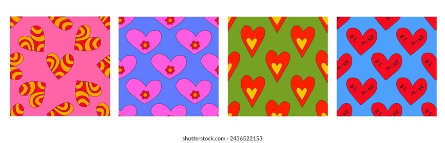 Conjunto de patrones sin fisuras psicodélicos retro-corazones y tarjetas de San Valentín para el 14 de febrero.Funky y groovy formas de corazón ornaments.Hippie fondos de arco iris solo buenas vibras.día de San Valentín 1970-1980