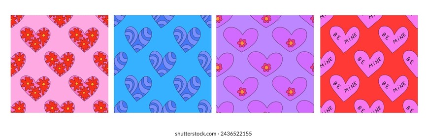 set of retro psychedelic seamless patterns-hearts and valentines for February 14th.Funky and groovy heart shapes ornaments.Hippie rainbow backgrounds only good vibes.valentine's day 1970-1980