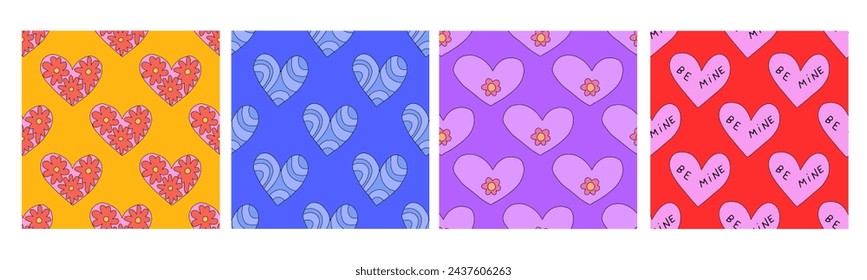 set of retro psychedelic seamless patterns-hearts and valentines for February 14th.Funky and groovy heart shapes ornaments.Hippie rainbow backgrounds only good vibes.valentine's day 1970-1980