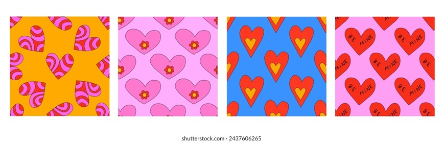 set of retro psychedelic seamless patterns-hearts and valentines for February 14th.Funky and groovy heart shapes ornaments.Hippie rainbow backgrounds only good vibes.valentine's day 1970-1980