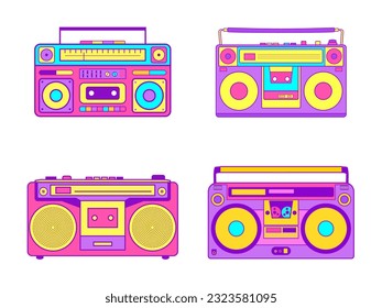 Ajuste la cinta de audio de música Retro Radio 90. Colección de varias cintas de audio antiguas de boombox en fondo blanco. ilustración vectorial