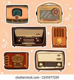 A set of retro radios in the sketch style. A quick sketch of vintage receivers for stickers. Suitable for the use of printed products. Banners, flyers, stickers, promotional products.