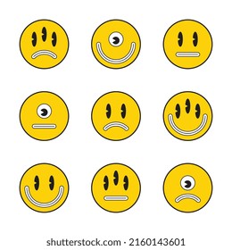 Set of retro random emotions in yellow circles on a white background. Vintage pop culture symbols for posters and t-shirt prints. Groovy vector editable illustration  EPS 10