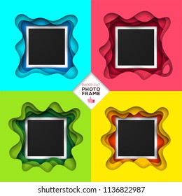 Set of retro realistic photo frame and colorful modern origami paper art style. Vector illustration