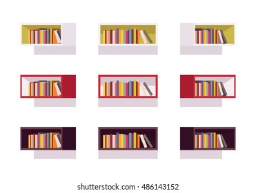 Set of retro rectangle bookshelves isolated against white background. Cartoon vector flat-style illustration