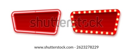 Set of retro red board signs. Billboard with neon light frame and glowing bulbs. Vintage illuminated signboards with empty space for text. Vector illustrations for announcements, shows, sales, events.