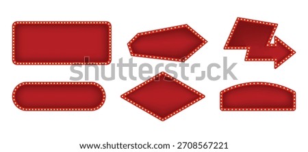 Set of retro red and gold illuminated marquee banners and frames with light bulbs for casino or theater signs