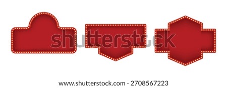 Set of retro red and gold illuminated marquee banners and frames with light bulbs for casino or theater signs