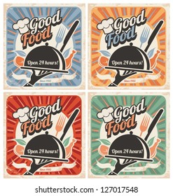 Set of retro restaurant posters. Vintage food vector backgrounds with chef hat,  plate,  fork and knife. Good food vintage style print.