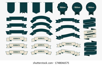 Set of retro ribbon and banner. Flat design blue label collection.