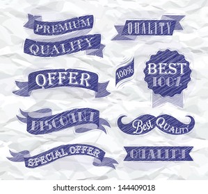 Set of retro ribbons and labels with text quality and best offer, premium drawing  with blue ink on crumpled paper background.